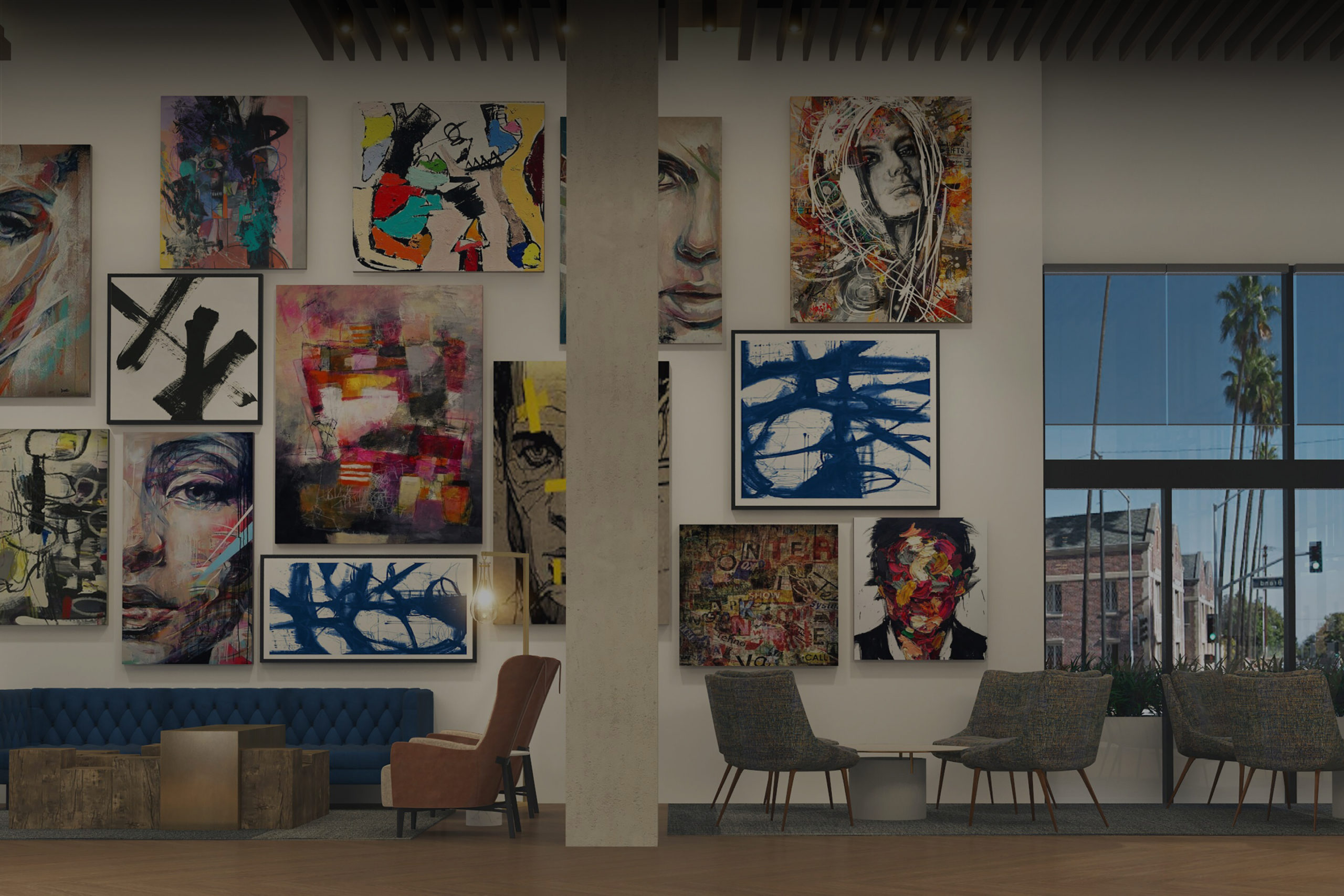 The lobby lounge at The Glenmark Hotel with art on every wall