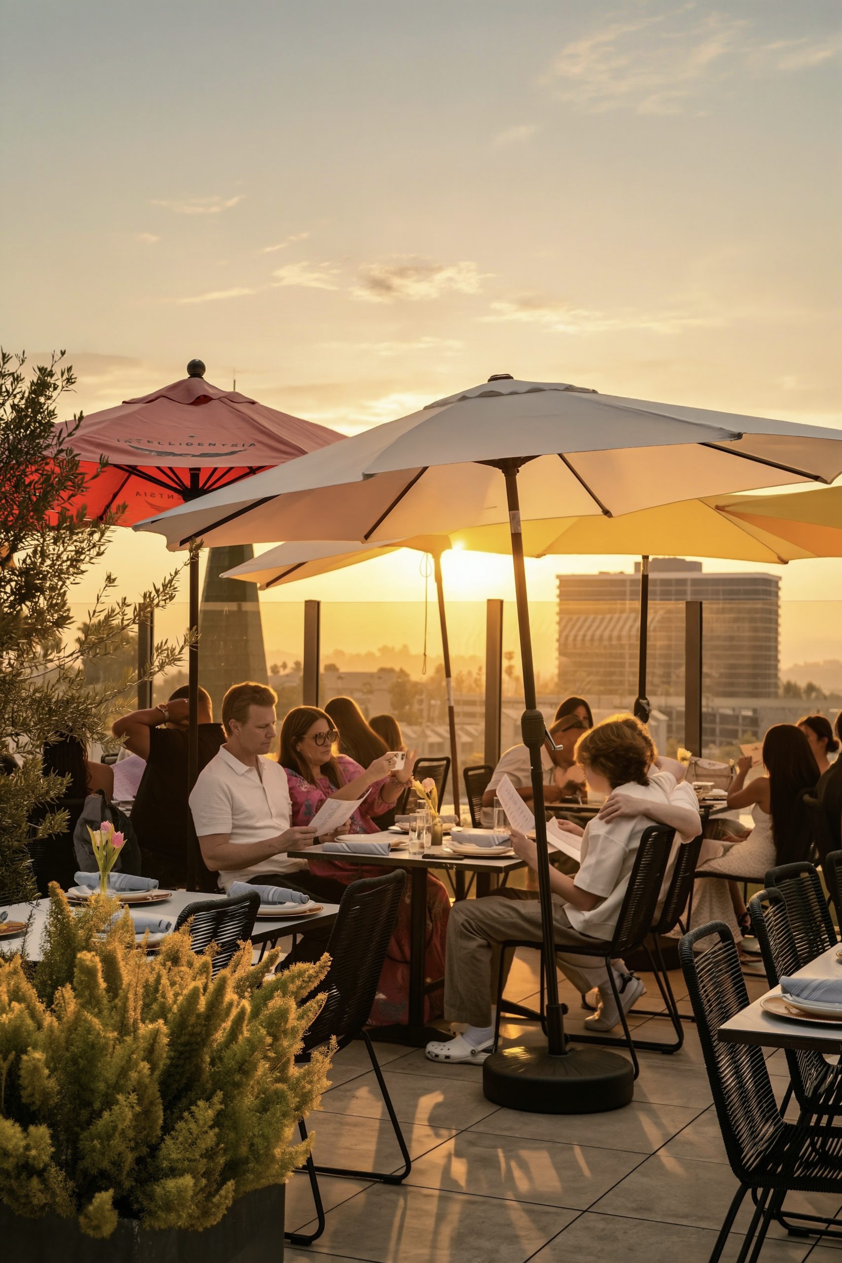 Guests dining on the rooftop terrace at Mya at sunset, above Glendale